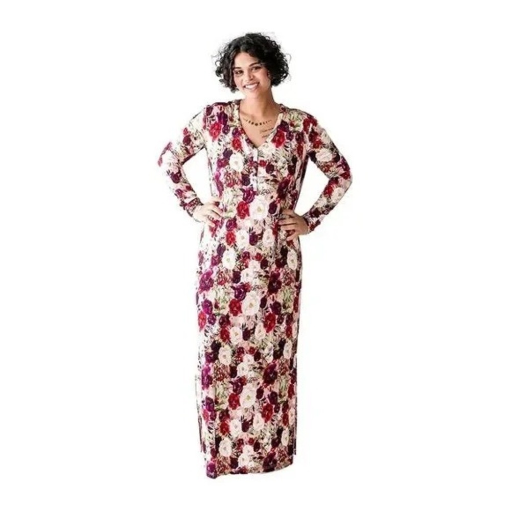 Posh Peanut Bamboo Long Sleeve Midi Dress Womens Small Floral Henley Lounge Boho